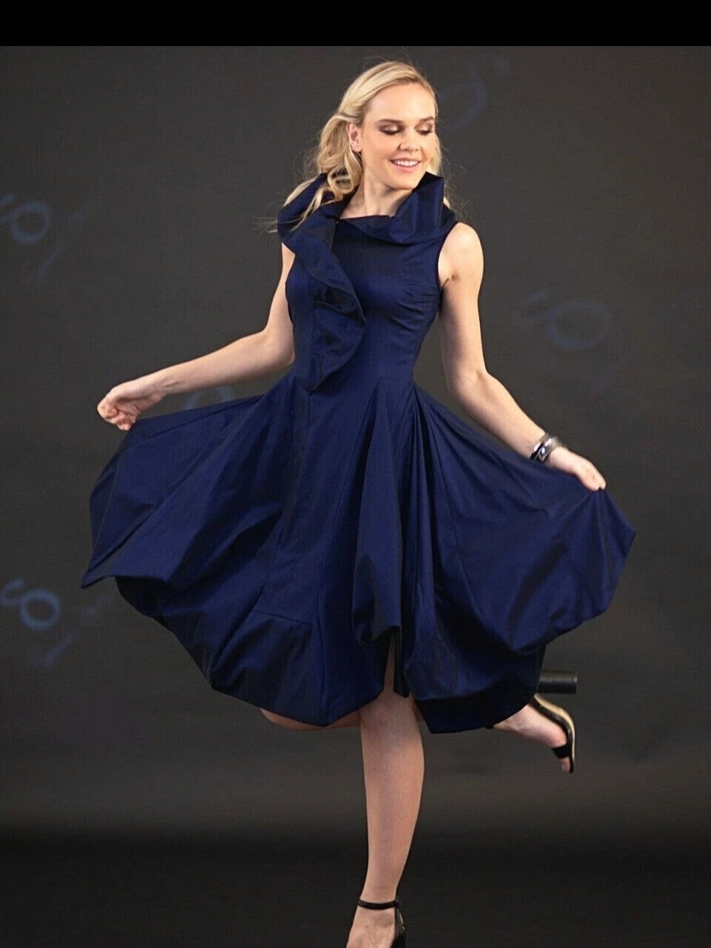 Samuel Dong Royal Blue Cowl Neck Bubble Dress Sz L